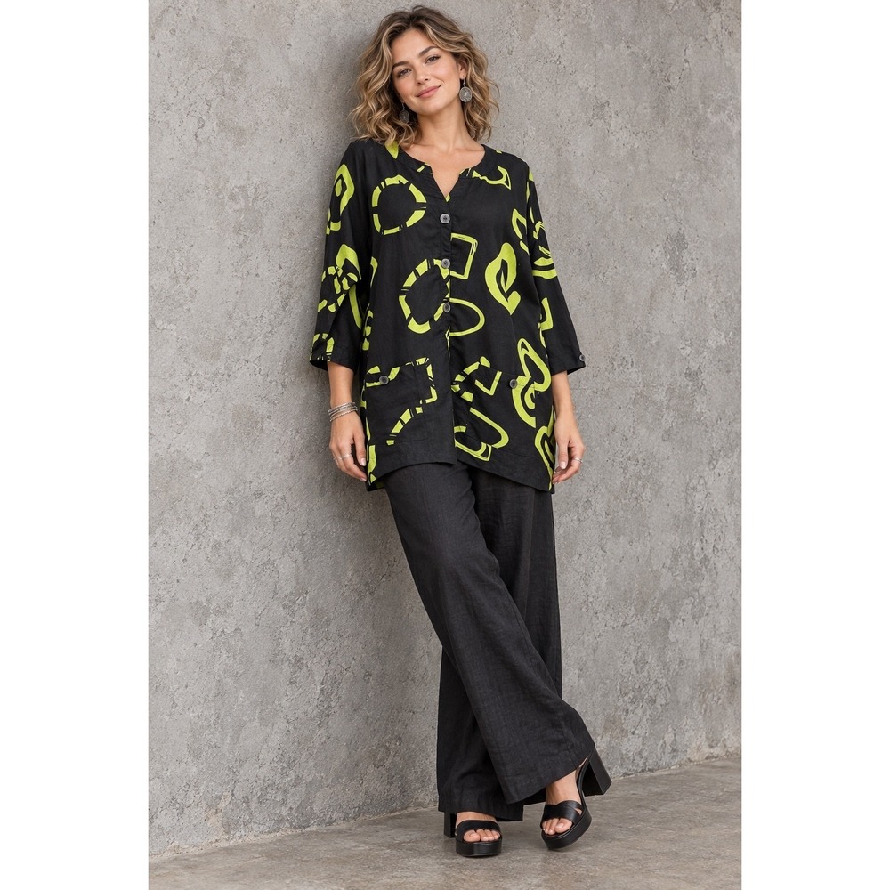 Ali Miles Tunic Top L Black Lime Green Abstract Geometric Button Front Pocket